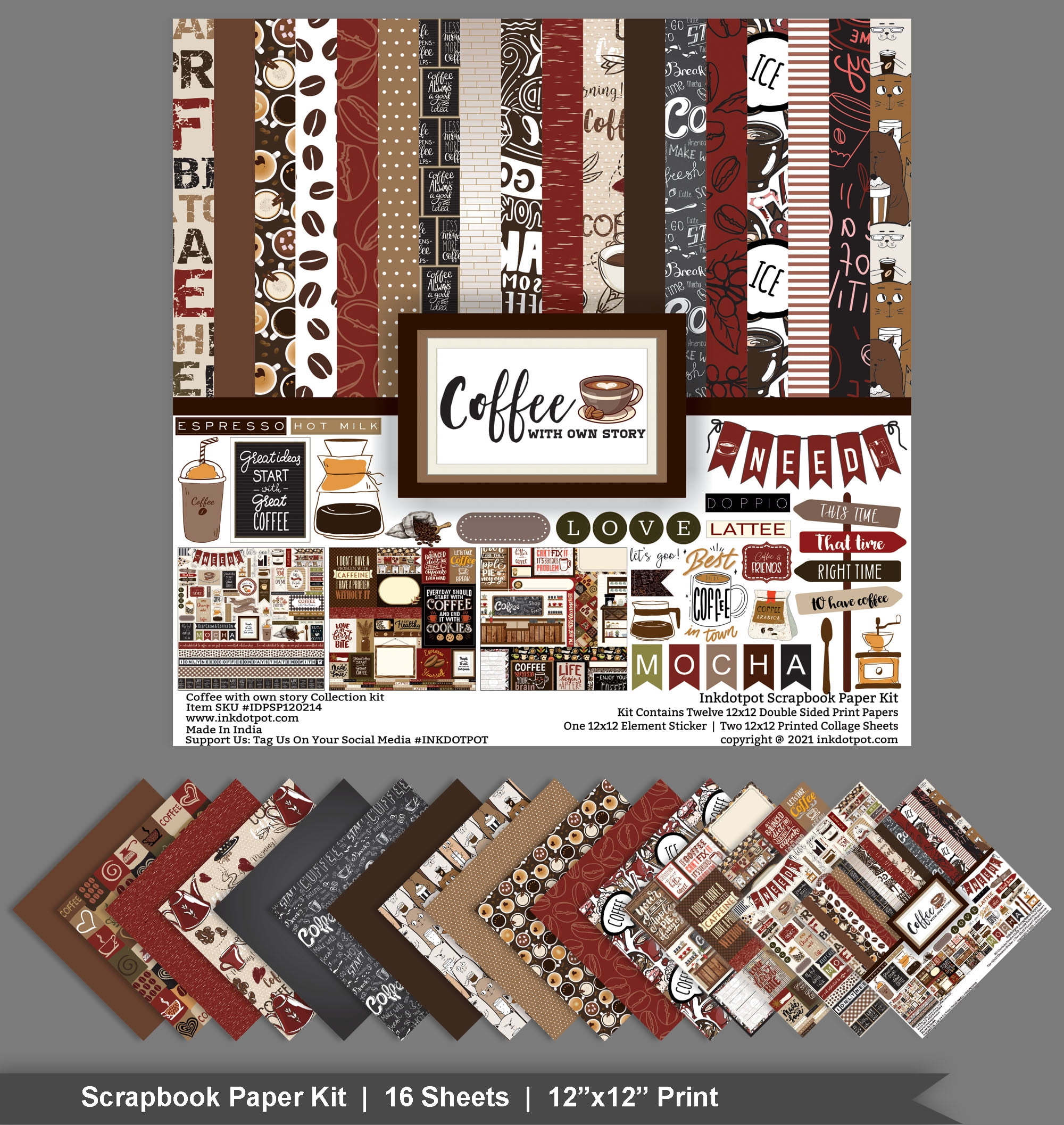 Inkdotpot Coffee Theme Collection Double-Sided Scrapbook Paper Kit Cardstock 12"x12" Card Making Paper Pack With Sticker Sheet - 16 Pages - Brown & Black