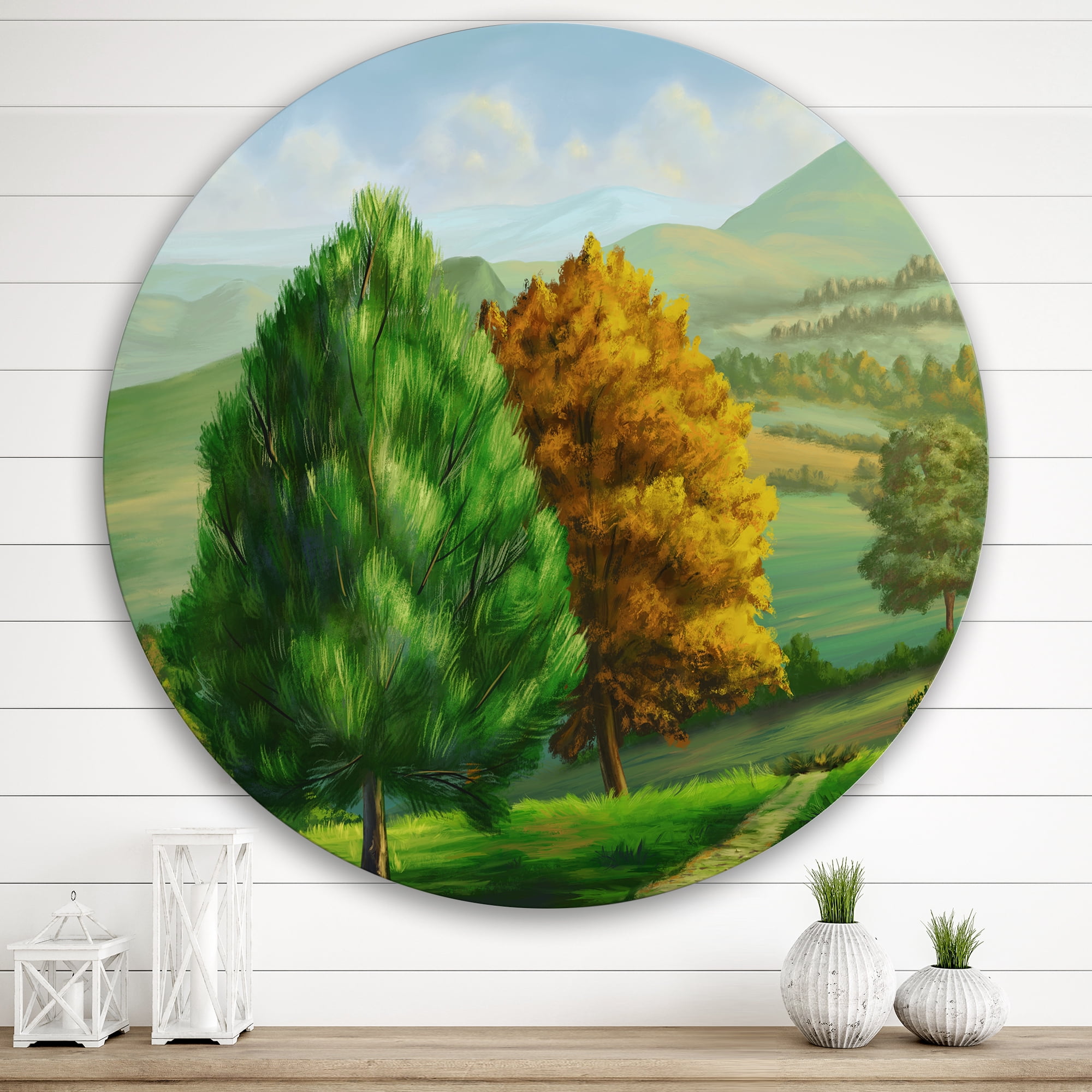 Designart 'VIbrant Trees With Country Scenery' Traditional Circle Metal Wall Art 29x29 - Disc of 29