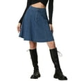 thumbnail image 1 of Unique Bargains Jupe Midi en Denim Plissée Évasée Décontractée Taille Haute pour Femme Bleu Foncé TP, 1 of 4
