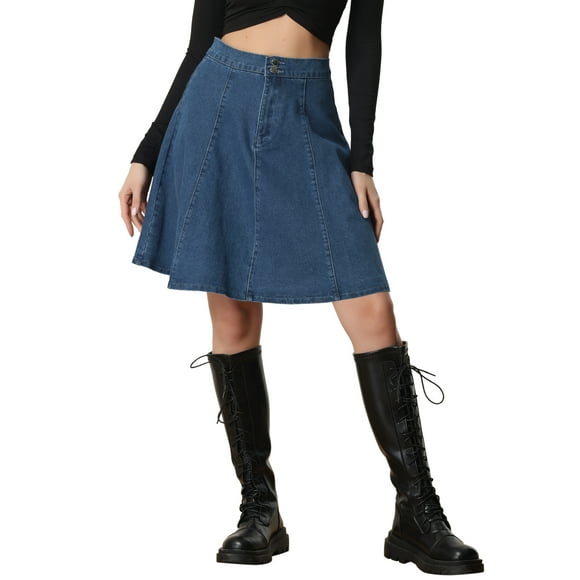 INSPIRE CHIC Women's Casual High Waist A-Line Flared Pleated Midi Denim Skirt Dark Blue 3XL