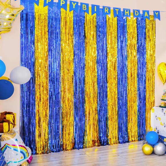 LOLStar Paquete de 2 decoraciones de fiesta en azul marino y dorado, 3,3 x 6,6 pies, cortinas con flecos de aluminio, telón de fondo de oropel, fotomatón de graduación, telón de fondo para cumpleaños,