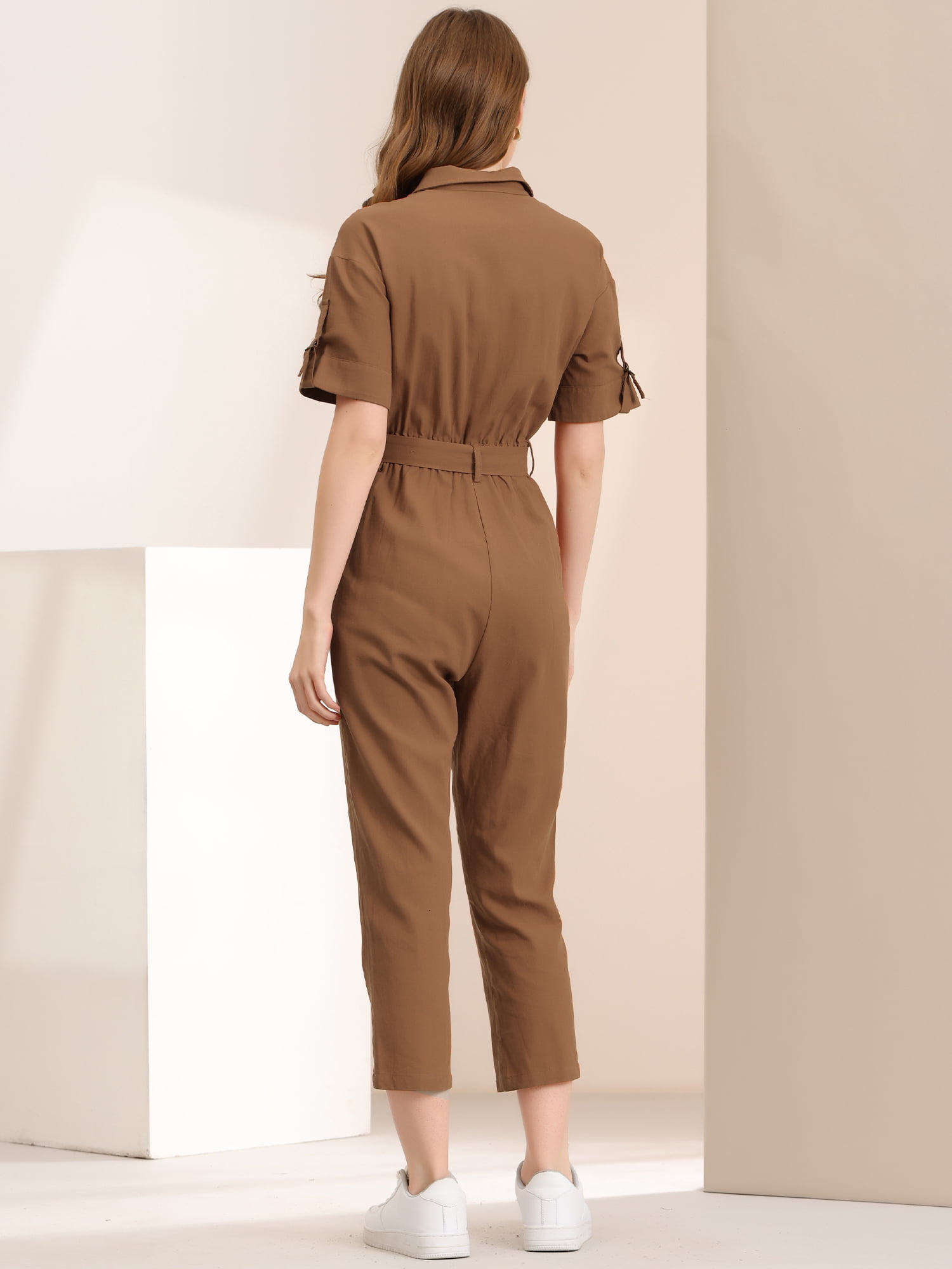 DARING DIVA Women's Short Sleeve Collared Cropped Button Down Tie Waist Jumpsuit S Brown