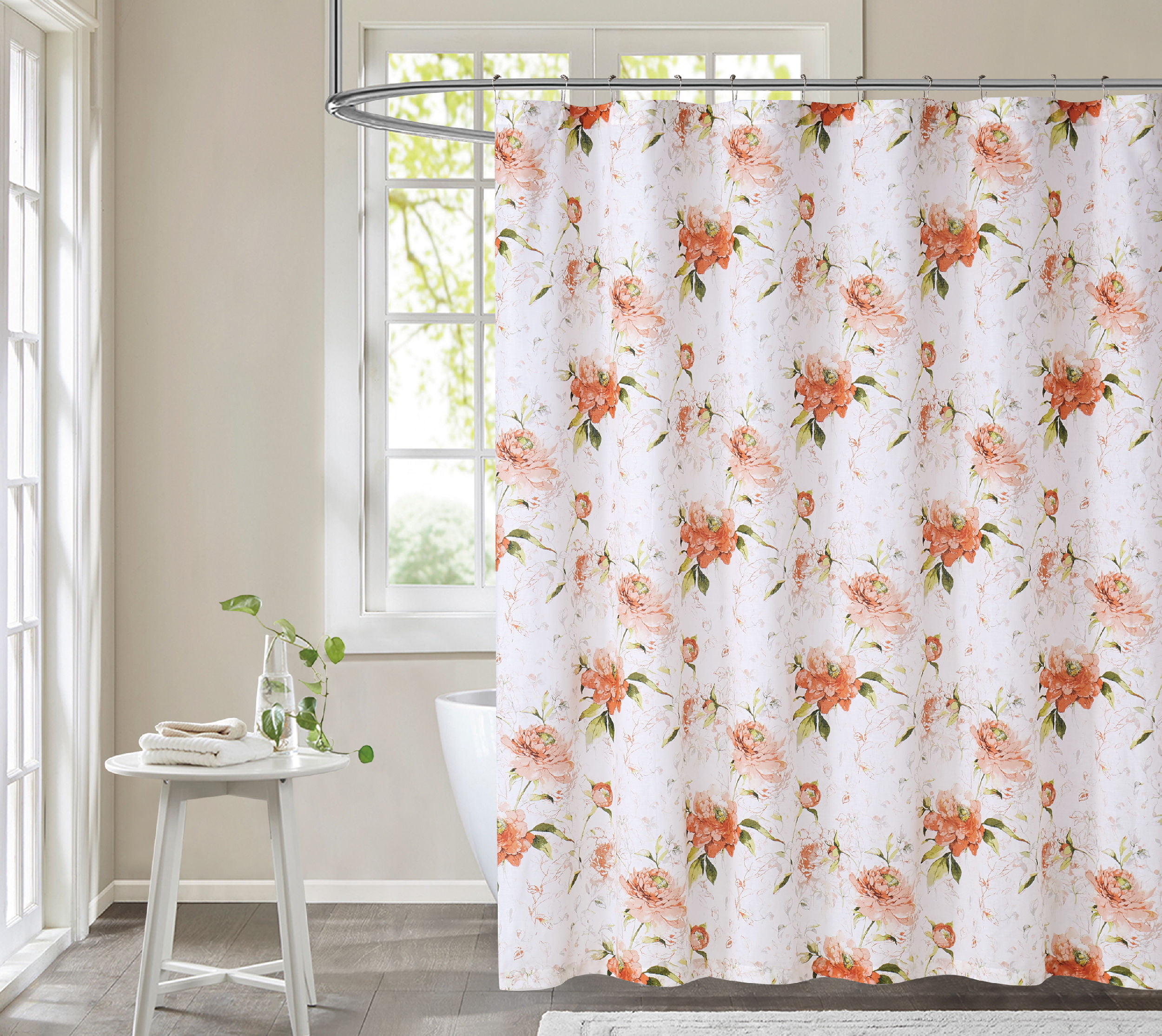 72/79"Bath Fabric Shower Curtain & Mat Rug &12Hook-Orange Flowers Rose 4021 