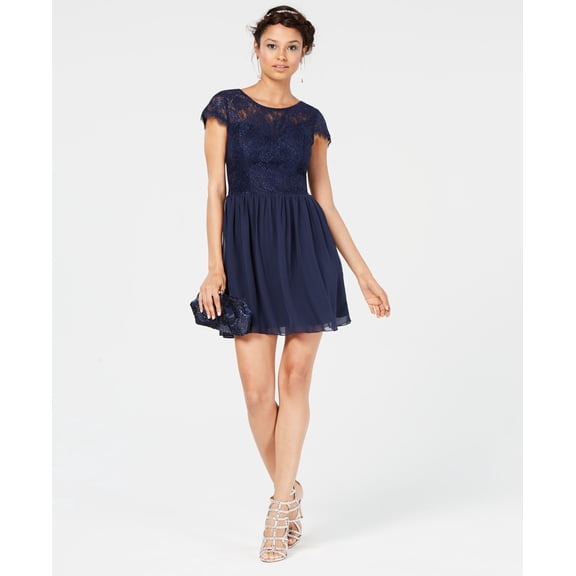 Speechless Juniors' Sparkle Lace-Contrast Dress (13, Navy)