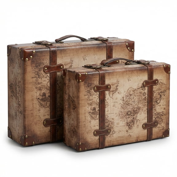 Old World Map Leather Vintage Style Suitcase with Straps, Set of 2