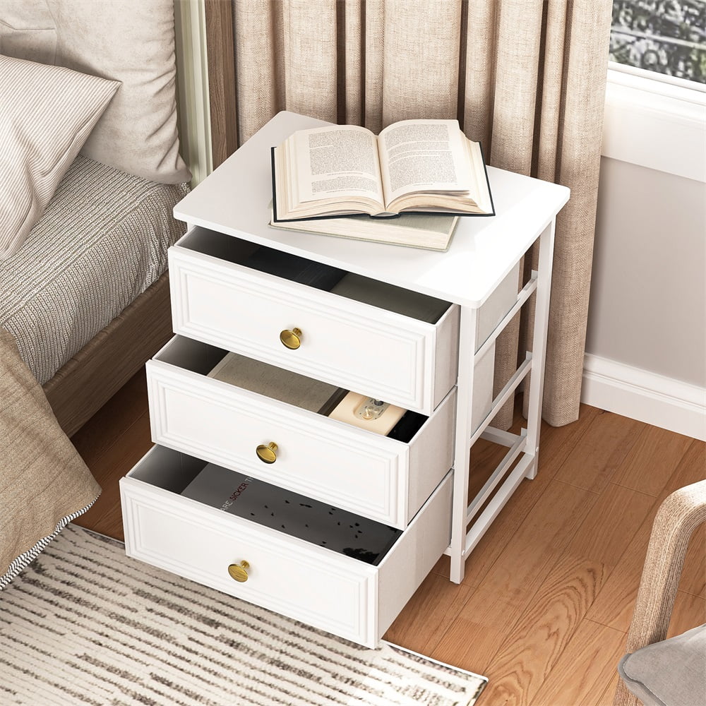 Kepooman White Nightstand with 3 Drawers, Night Stand for Bedroom, Small Dresser with Fabric Bins, Leather Finish
