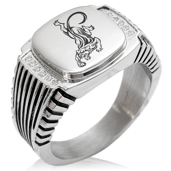 Stainless Steel Striking Tiger CZ Ribbed Needle Stripe Pattern Biker Style Polished Ring