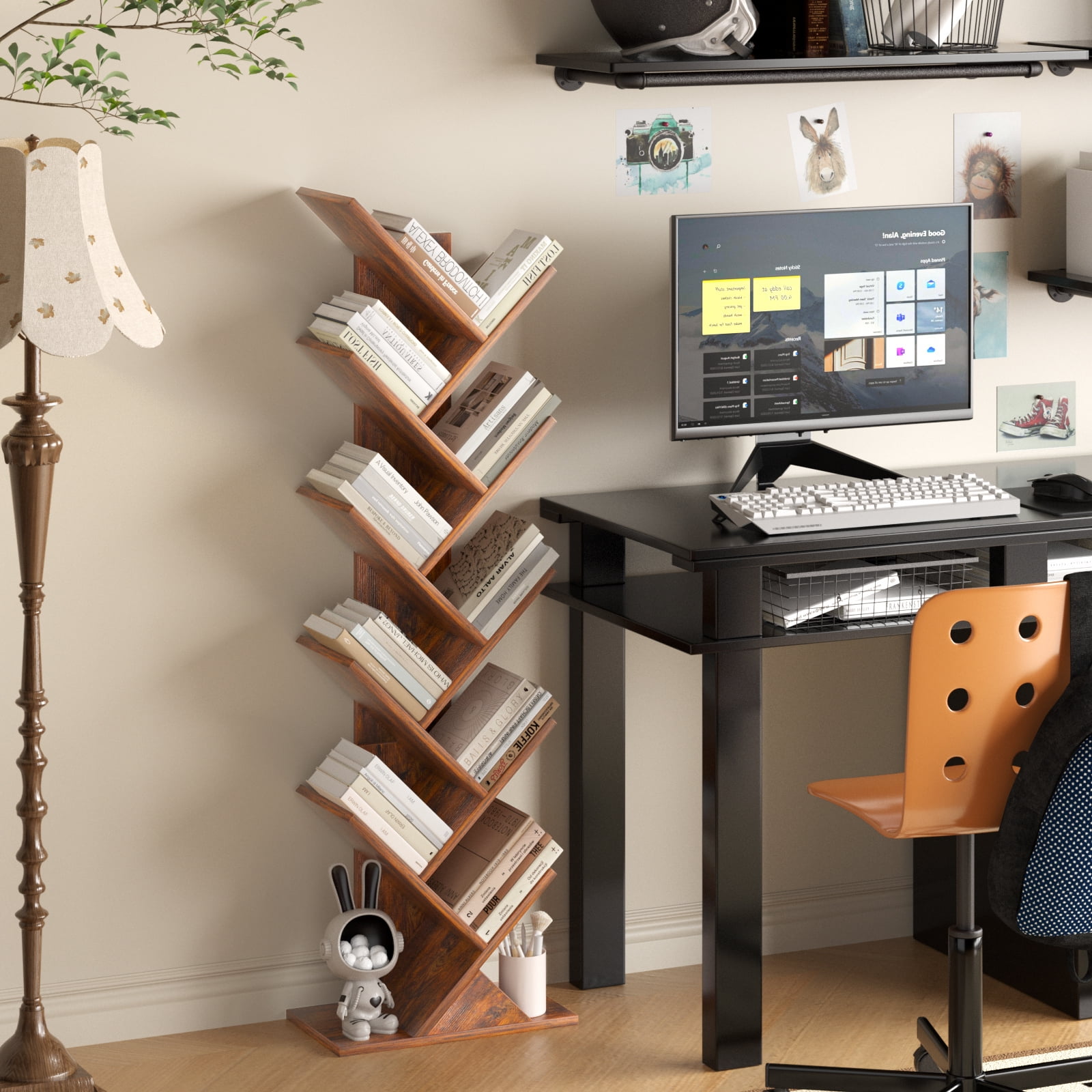 LELELINKY 10-tier Tree Bookshelf, Free-standing Storage Bookcase, Tall Bookshelf, Shelves for Living Room, Home Office, Bedroom, Balcony - Brown