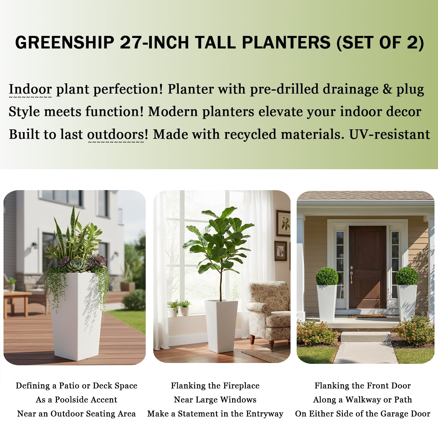 GreenShip 27 inch Large Outdoor Planter, Tall Planters for Outdoor Plants, Set of 2 Flower Pots with Drainage & Inner Shelf, Modern Decorative Garden Pots for Porch, Patio, Front Door
