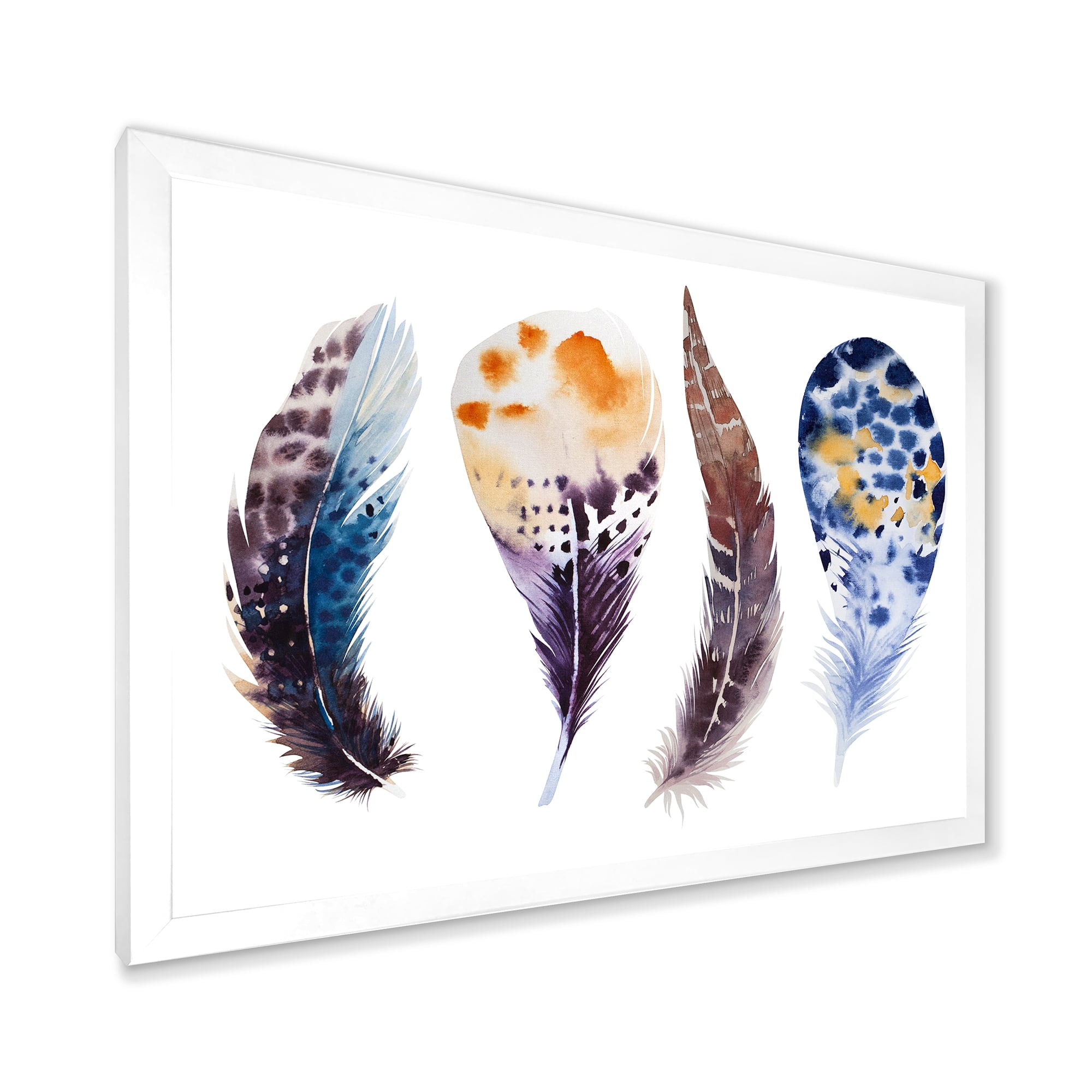 Designart 'Colourful Boho Feather Set On White VIII' Bohemian & Eclectic Framed Art Print