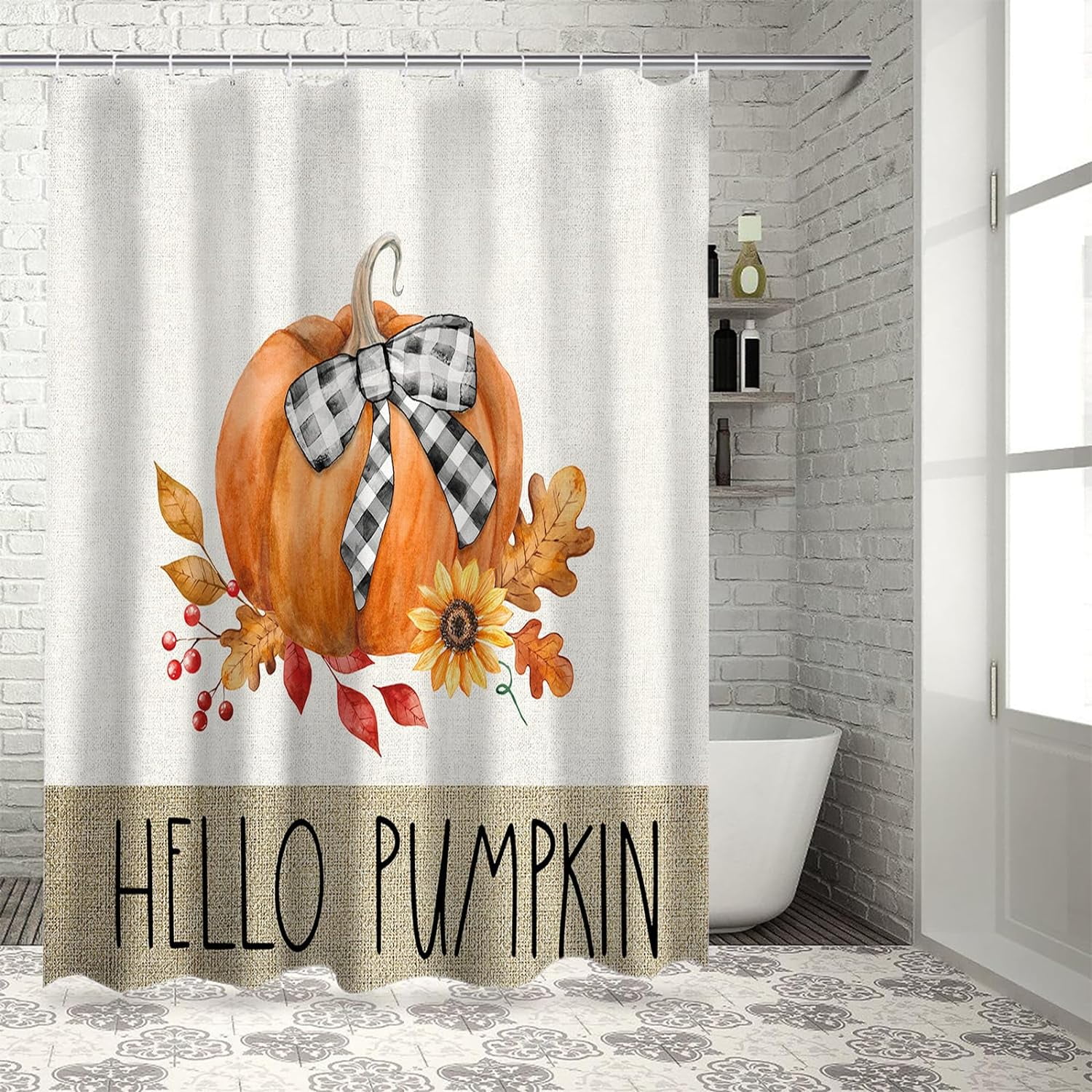Fall Shower Curtain Hello Pumpkin Shower Curtains for Bathroom Autumn Leaves Sunflower Bath Curtains Sets for Autumn Thanksgiving Seasonal Bathroom Decor Polyester Fabric Waterproof 72 x 72 in