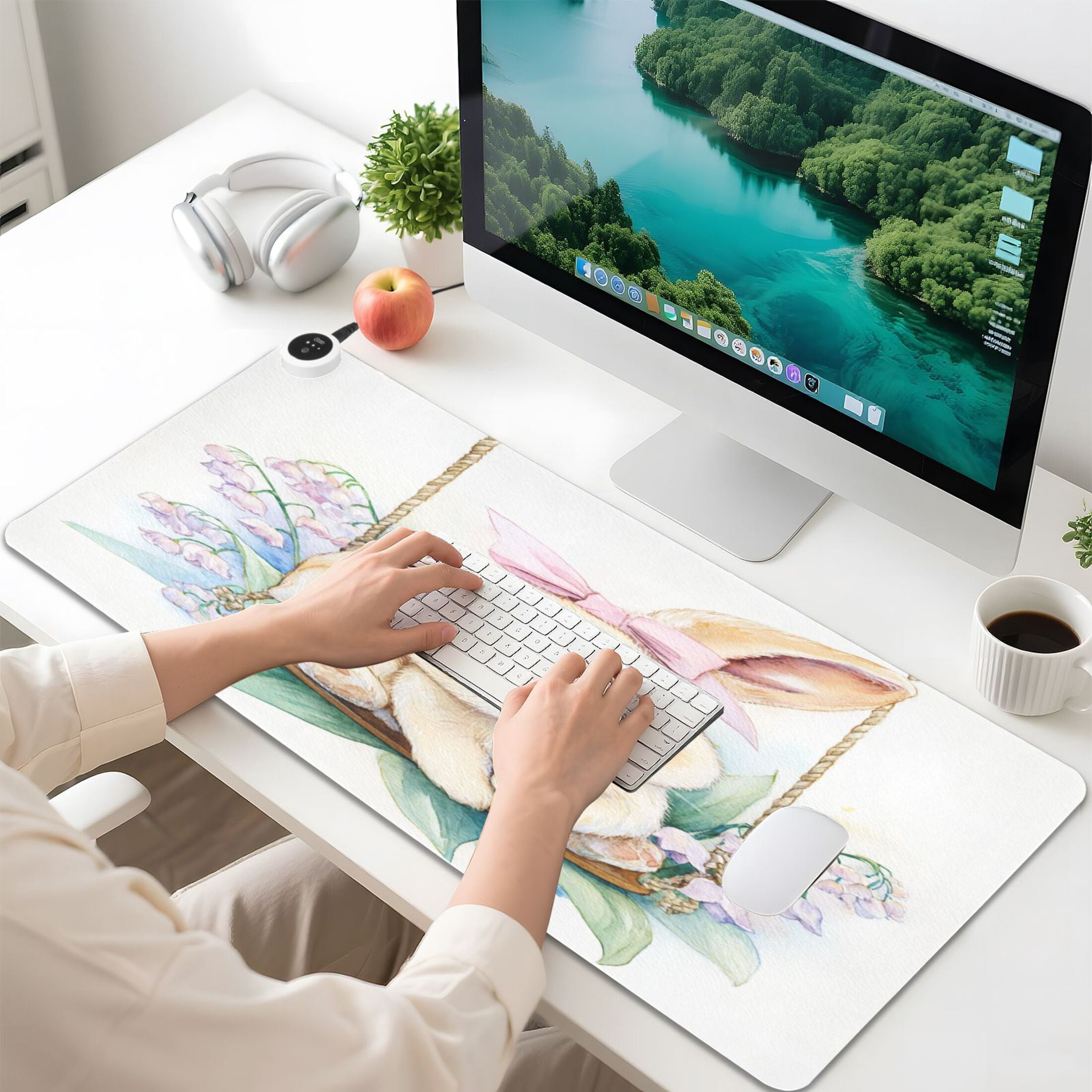 Large Heated Desk Mat Mouse Pad 31.5"x13"PU Leather Graphene Heating Desk Warmer with 3 Temperature Settings 110V US Plug Non-Slip Warm Pad for Home, Office, and Gaming Spring Bunny with Flowers
