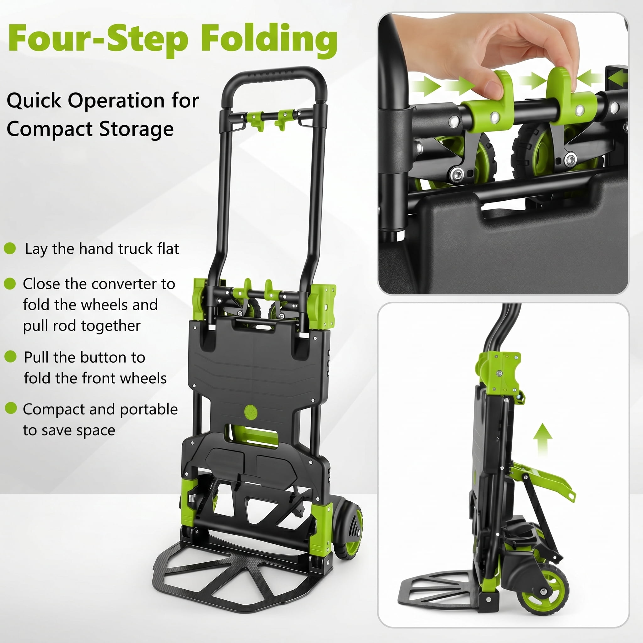 Adnoom 2-in-1 Folding Hand Truck Heavy Duty, 300 lbs Capacity Utility Cart with 4 Wheels, Retractable Handle Convertible Platform Dolly for Moving Boxes Furniture Luggage, Green