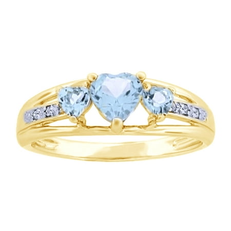 - Simulated Aquamarine CZ White Cubic Zirconia Anniversary Three-Heart Ring In 14k Yellow Gold Over Sterling Silver