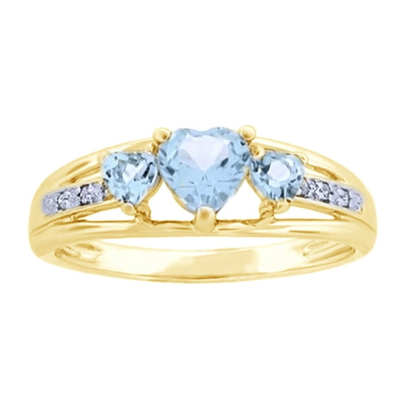 Simulated Aquamarine CZ White Cubic Zirconia Anniversary Three-Heart Ring In 14k Yellow Gold Over Sterling Silver