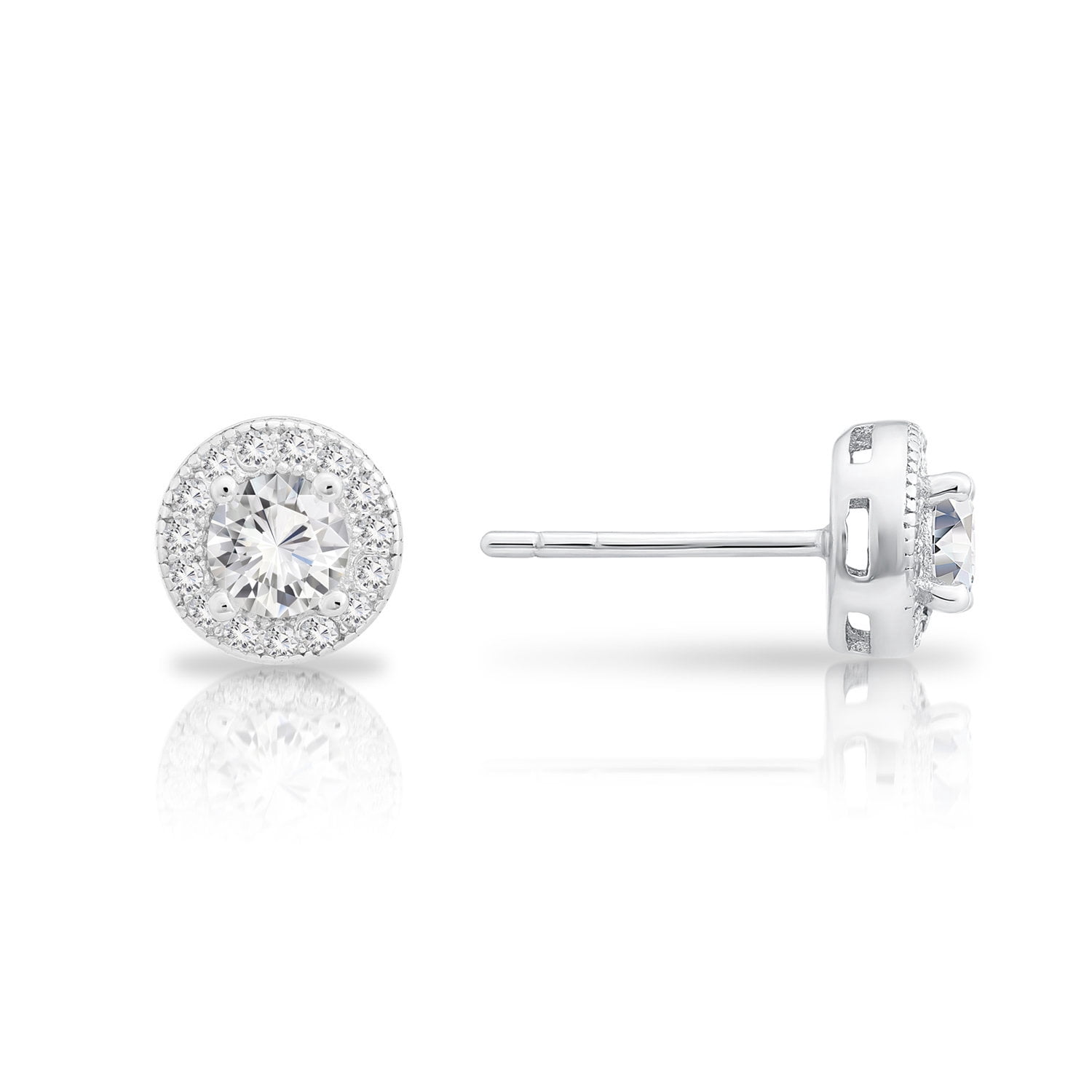 Tilo Jewelry 925 Sterling Silver Solitaire Round Halo CZ Stud Post Earrings with Secure Push-Backs | Everyday Dainty Small Earrings for Women & Unisex