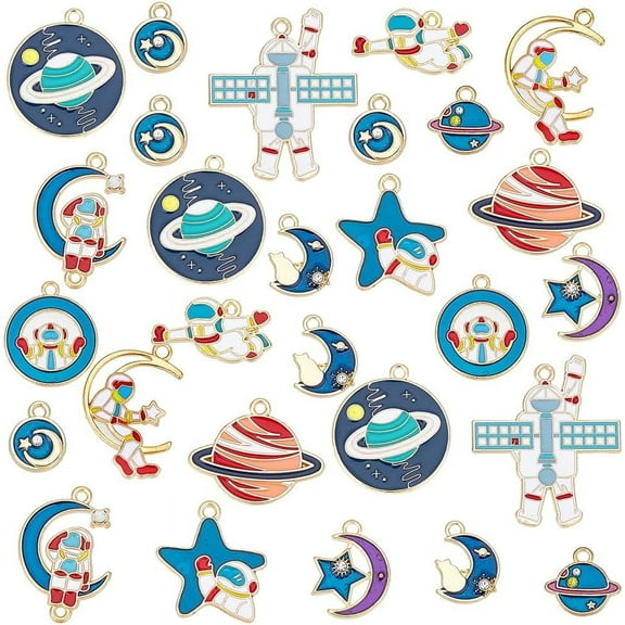 48pcs 12 style Space Theme Alloy Enamel Pendants golden Plated Enamel Astronaut Moon Star Celestial Charm Pendant for Necklace Bracelet Earring Jewelry Making
