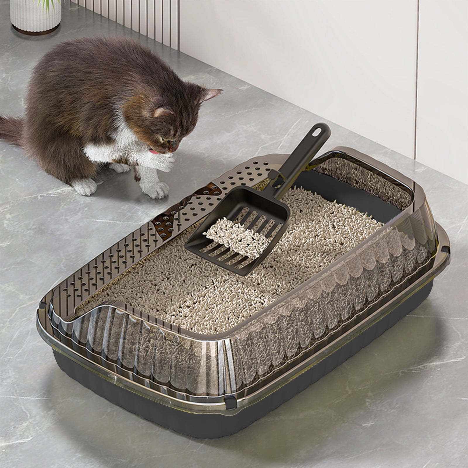 Semi Enclosed High Sided Cat Litter Box with Scoop, Splash Proof Plastic Litter Pan for Indoor Cats