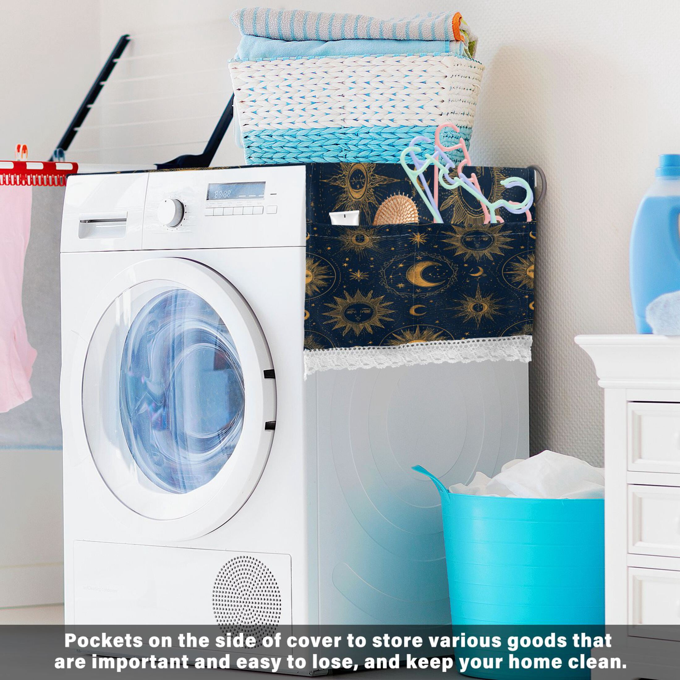 Wobogo Celestial Sun Moon Washing Machine Cover Dustproof Washer Dryer Cover Waterproof Laundry Room Decorative Protector