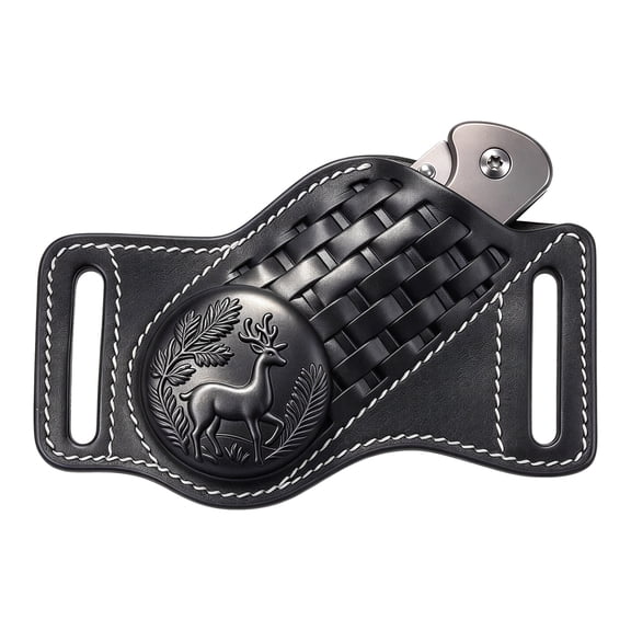 Uxcell Leather Knife Sheath for Belt 6.5"(165mm) Pocket Knife Holster Pouch, Black Closed Folding Knife Holder Deer Pattern Universal Hunting Scabbard Cover with Belt Loop for Outdoor