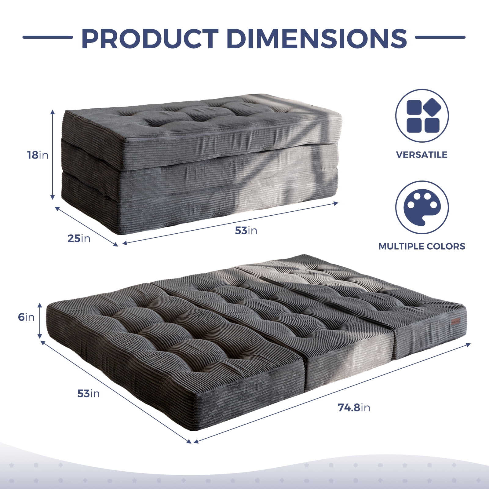 BYBYME 6 Inch Tri-Fold Mattress,Corduroy Folding Mattress,Filled with Whole Foam,Memory Foam Mattress Topper,Suitable for Sleeping,Camping,Full,Dark Gray