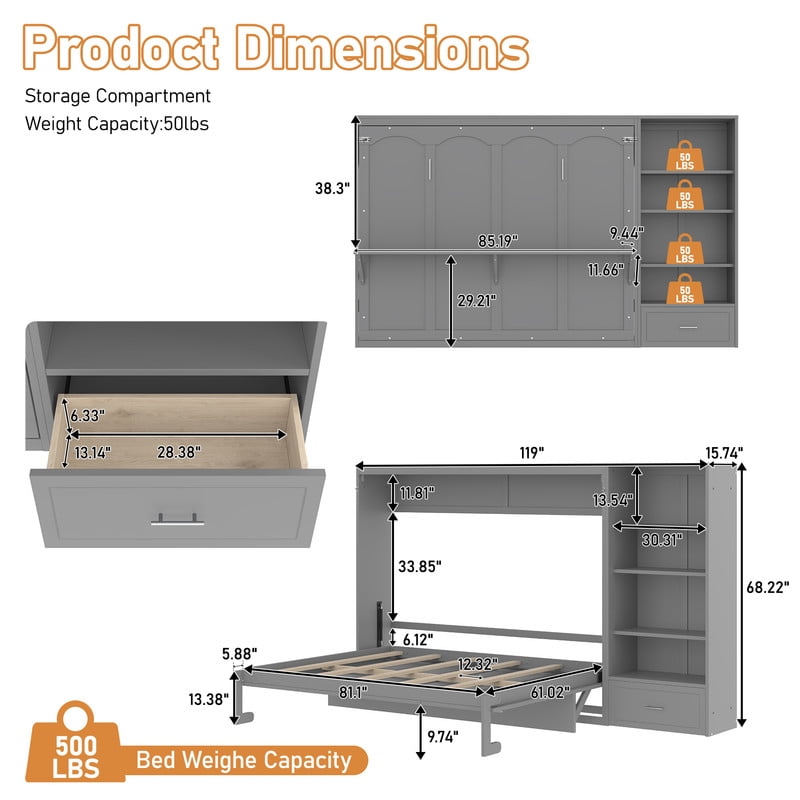 Queen Size Wall Murphy Bed with Adjustable Shelf, All-in-One Storage Bed Frame with Drawer, Folding Platform Bed for Guest Room