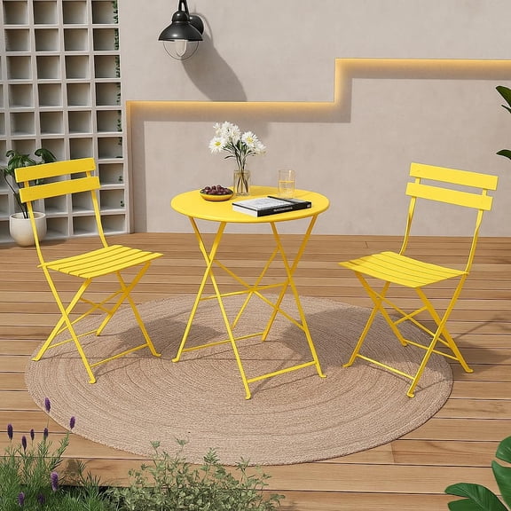 Yardgrace 3-Piece Folding Bistro Set, 2 Chairs and 1 Table, Metal, Weather-Resistant Outdoor/Indoor Conversation Set for Patio, Yard, Garden, Yellow