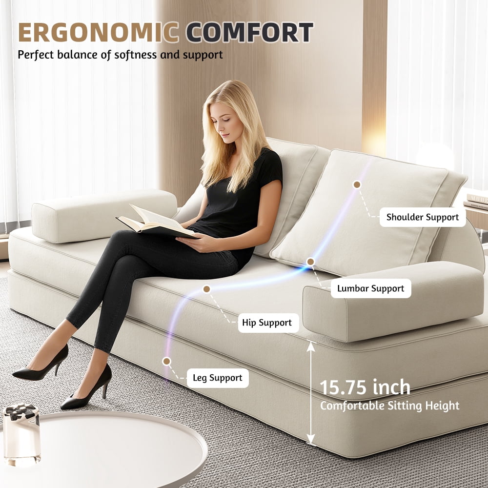 Miniyam Convertible Modular Floor Sofa Bed, Chenille Floor Couch with Backrest for Living Room, Beige