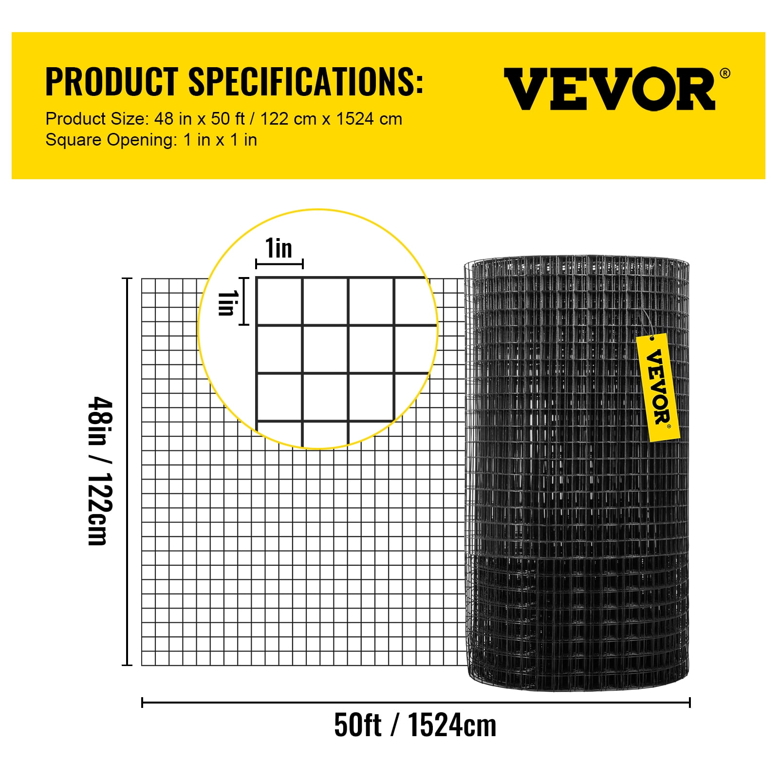 VEVOR Hardware Cloth, 48" x 50' & 1"x1" Mesh Size, Galvanized Steel Vinyl Coated 16 gauge Welded Wire, w/A Cutting Plier & A Pair of Fabric Gloves, for Garden Fencing & Pet Enclosures, Black