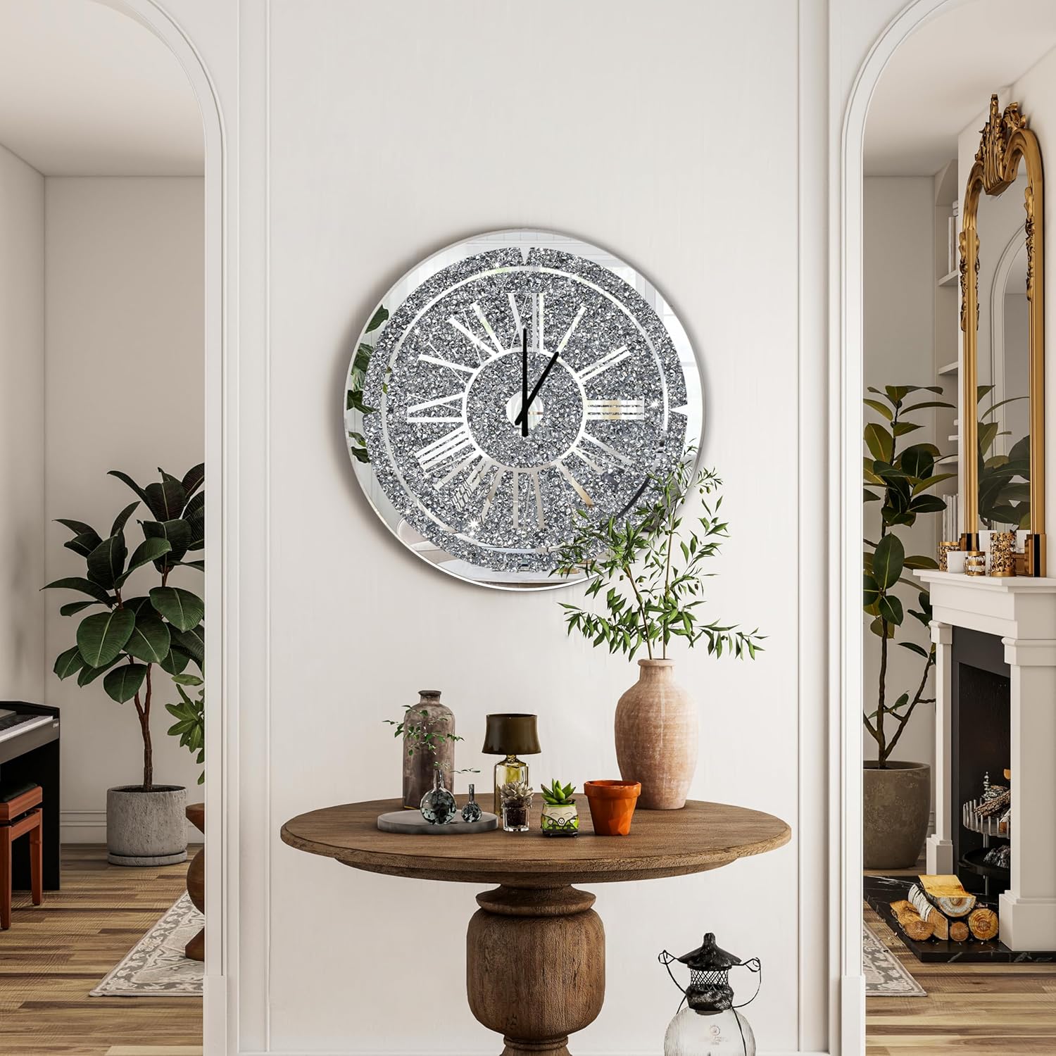 SHYFOY 24" Crushed Diamond Round Wall Clock, Luxury Mirror Glass Silent Non-Ticking Clock with Roman Numerals for Living Room or Office Decor