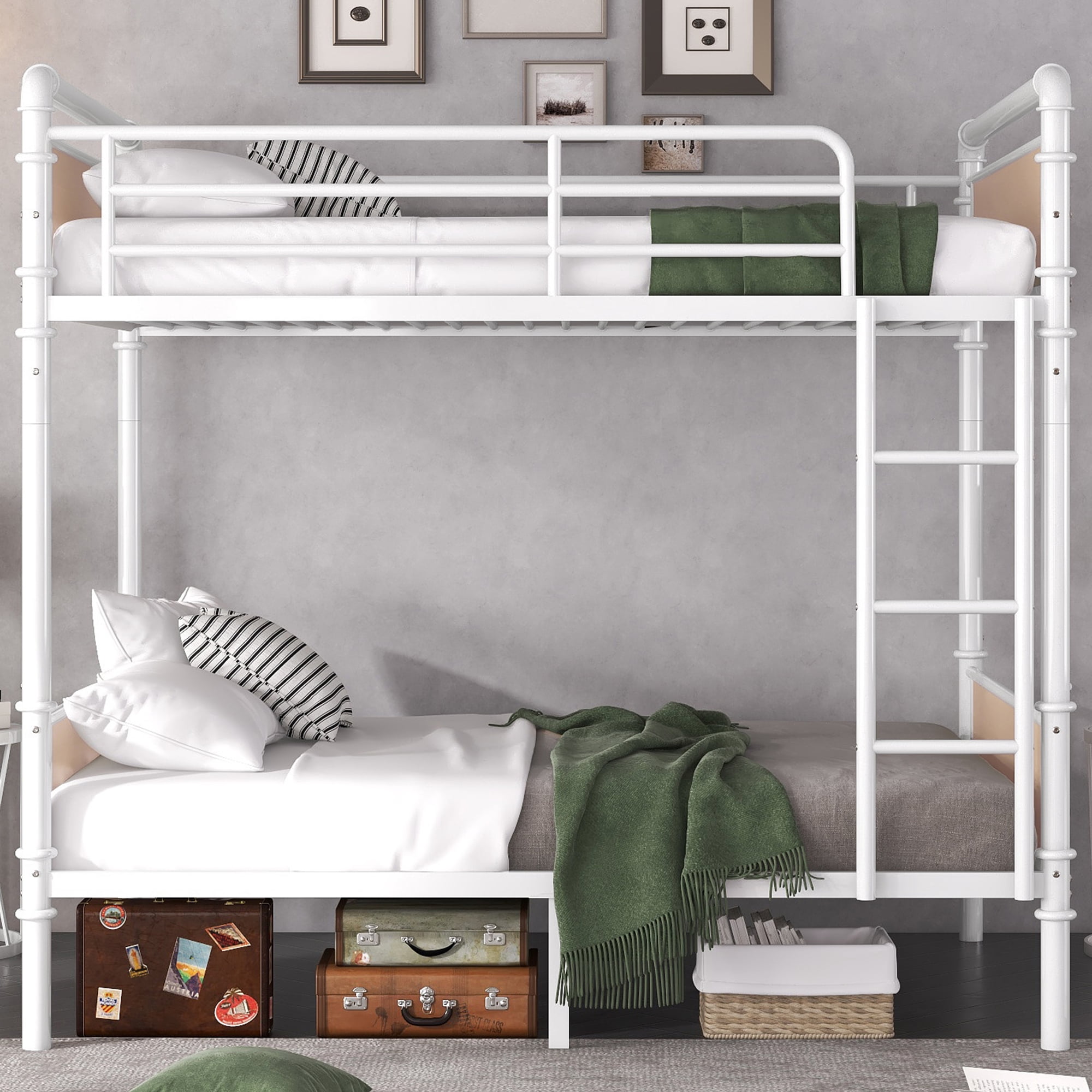 Twin XL over Twin XL Bunk Bed, Industrial Style Metal Bunk Bed with Safety Guard Rails for Teens and Adults, Easy Assembly, White