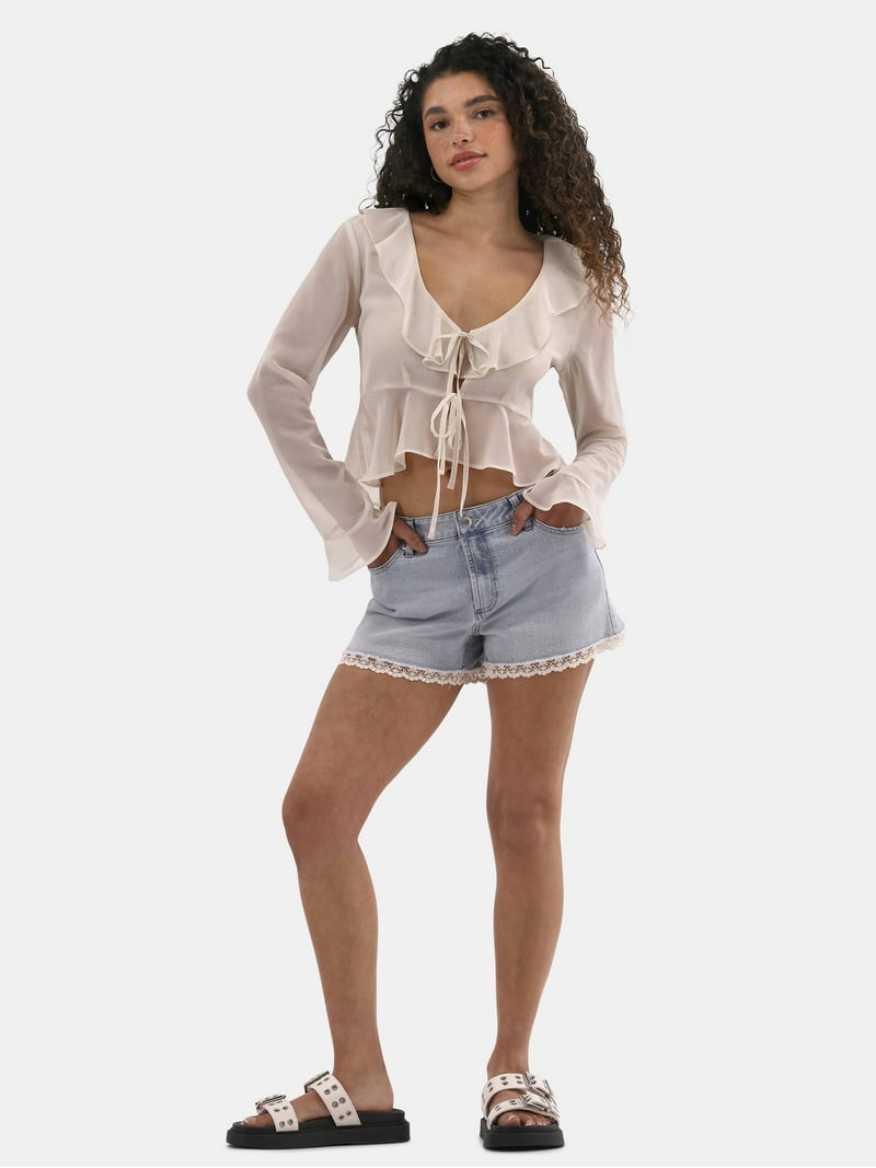 No Boundaries Ruffle Woven Top, Women's - Walmart.com