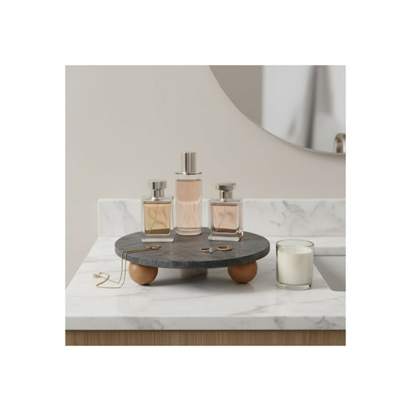 Round Marble Decorative Tray with Ball Feet - Stylish Coffee Table and Ottoman Tray for Home Decor - Elevated Accent Tray Ideal for Serving or Display in Living Room or Vanity Styling - 10", Black