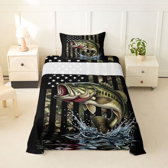 Feelyou Hunting Bass Fish Wildlife Twin Sheet Sets for Men Boys, Rustic American Flag Bedding, Rust Black Green, 3pcs