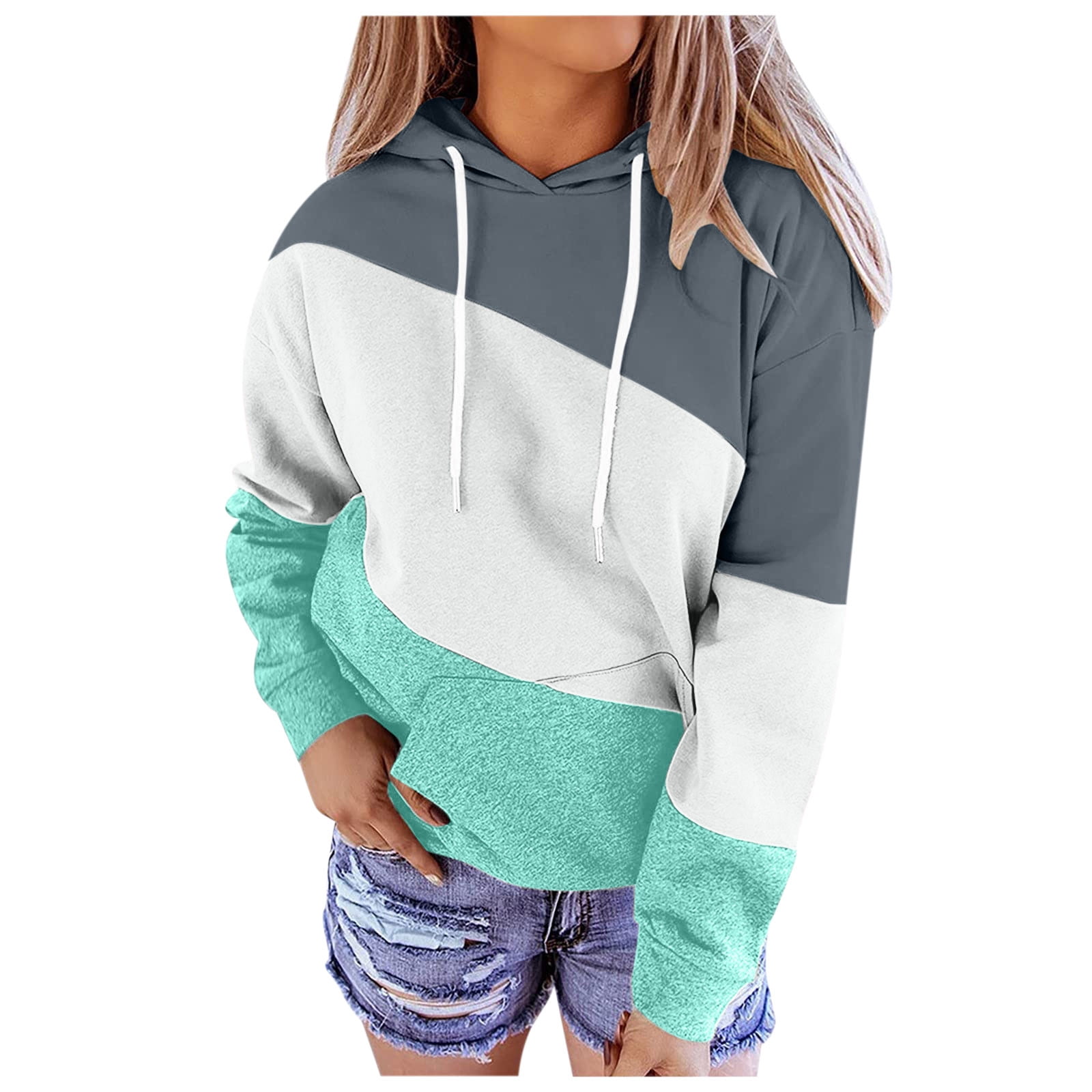YOCheerful Hooded Blouse Womens Casual Loose Patchwork Long Sleeve Pockets Plus Size Hoodie Tops