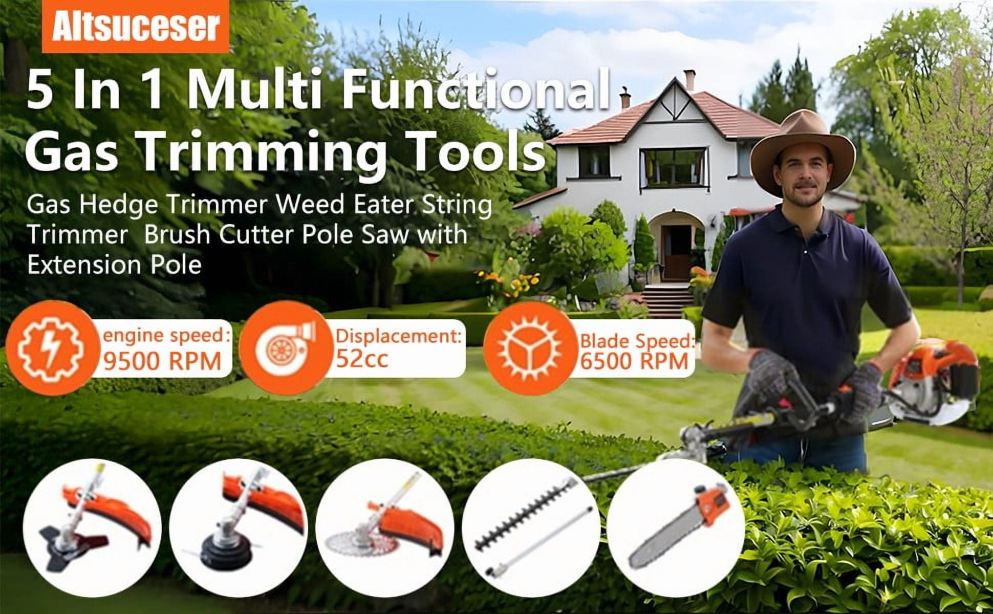 52cc 2 Stroke Gas Hedge Trimmer, 5 in 1 Tool String Trimmer, Cordless Weed Wacker, Petrol Hedge Trimmers, Weed Eater Gas Powe with Multi Functional Trimming Tools, Powerful Brush Cutter