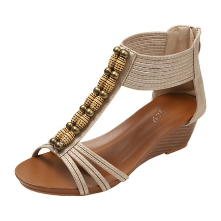 

QYZEU Women Sandals Comfortable Womens Cute Sandals New Wedge Heel Sandals Outwear Bohemian Ethnic Non Slip Roman Shoes Formal Wide Width Sandals for Women Khaki 41