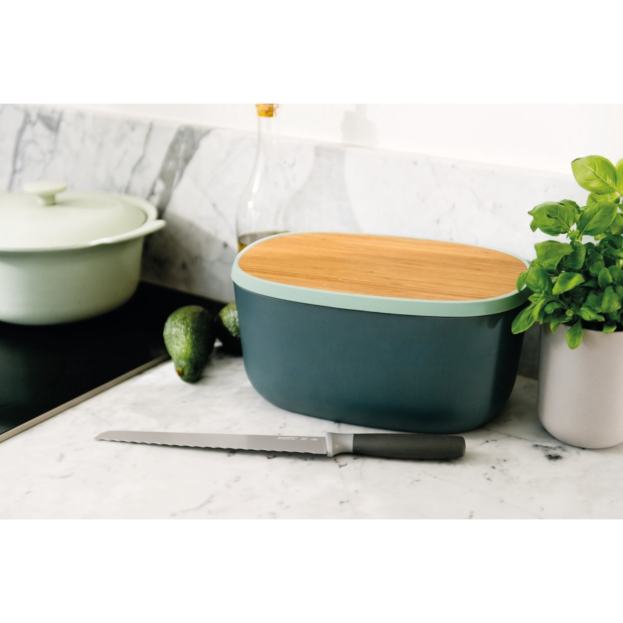 BergHOFF Leo Bamboo Bread Box with Cutting Board, Grey & Mint