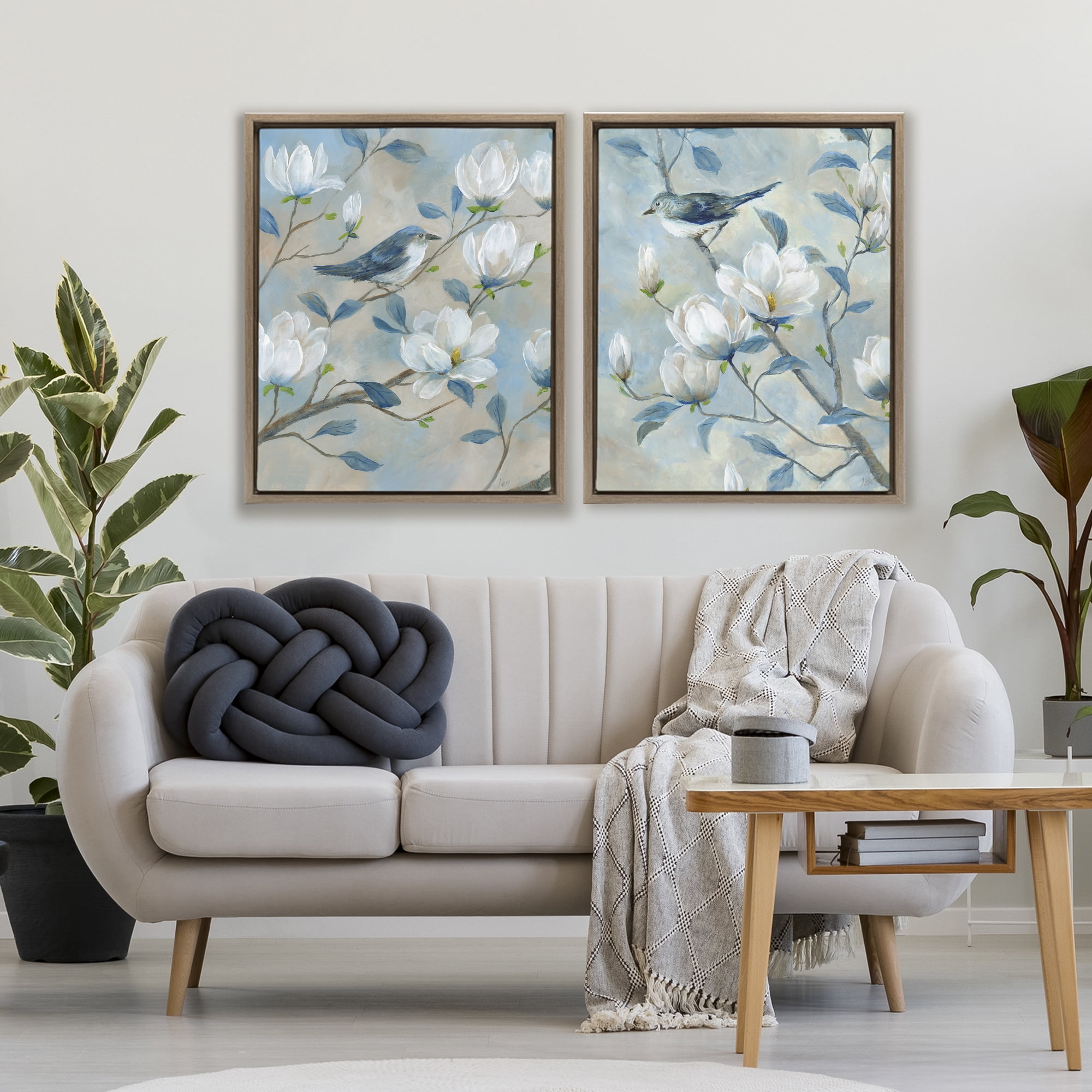 Stupell Industries Blue Birds in Magnolia Tree 2 Piece Brown Framed Floater Canvas Set, design by Nan