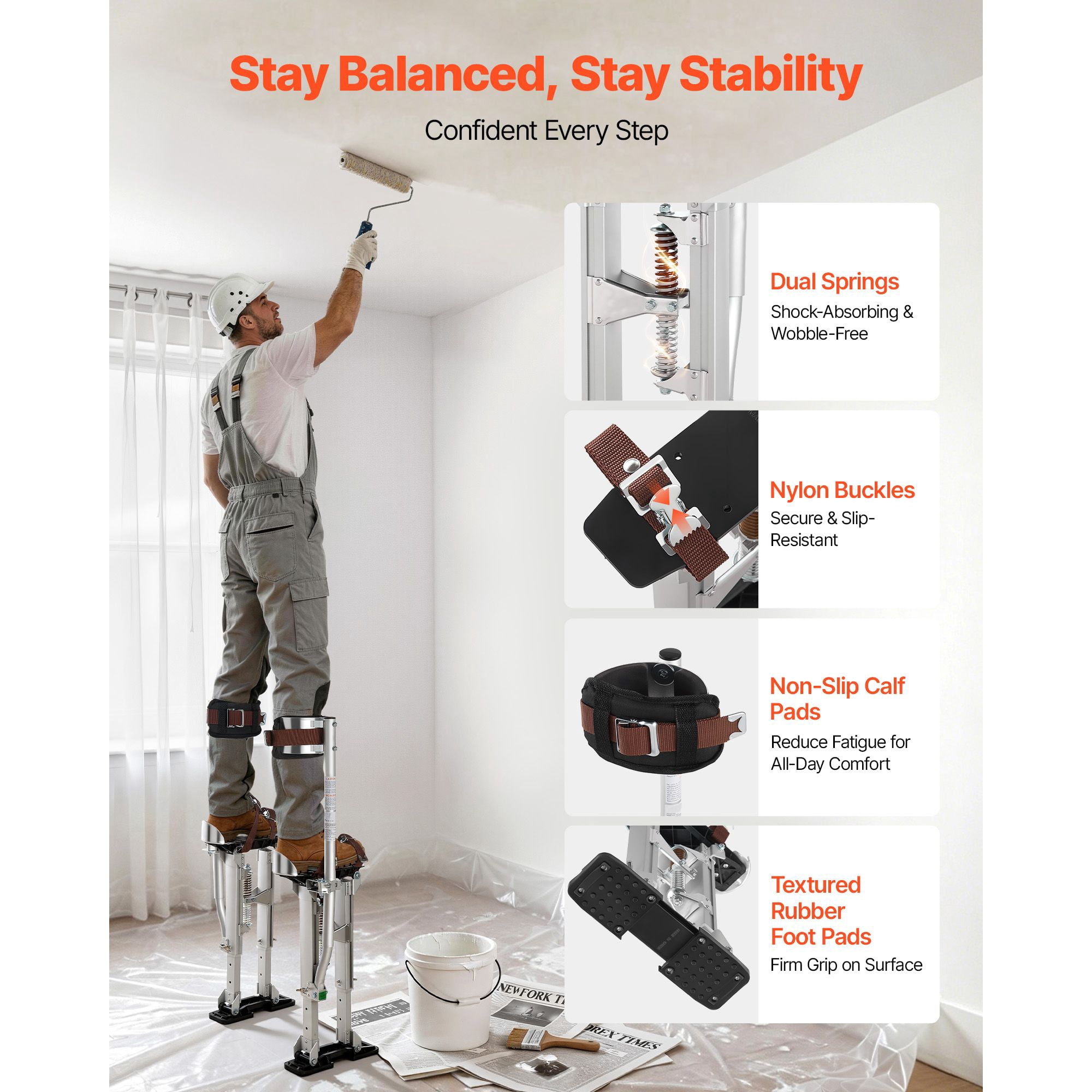 Drywall Stilts, 16.1–24.1 in Adjustable Aluminum Painter Stilts, 228 lbs Load Capacity, Non-Slip Rubber Feet, Dual Spring Shock Absorption, Comfortable Leg Straps for Painting, Decoration, Silver