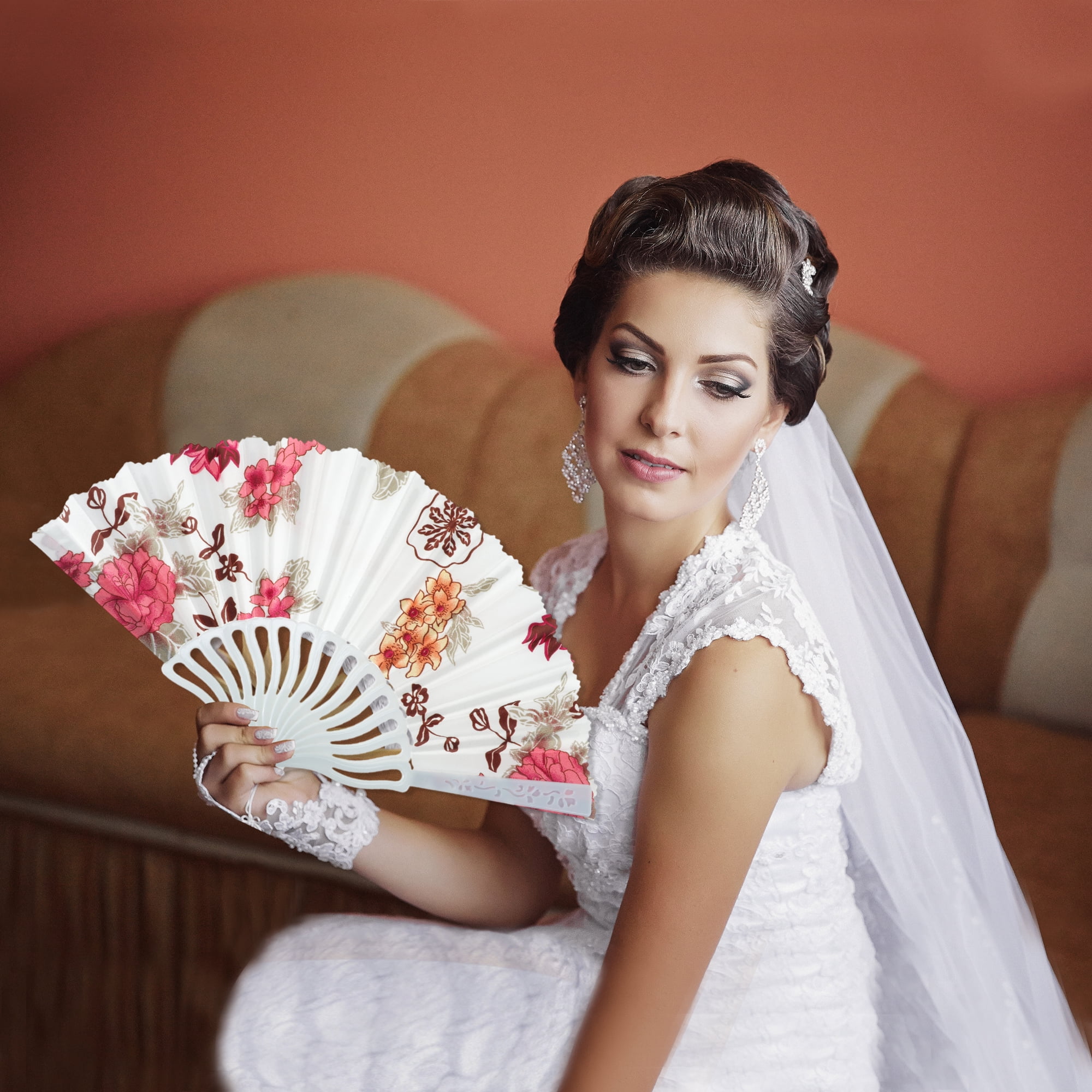 Unique Bargains Elegant Floral Design Folding Hand Fan Red
