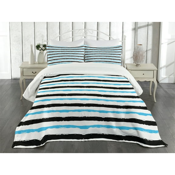 Ambesonne Abstract Quilted Bedspread Set 3 Pcs, Color Bands Stripes, Queen Size, Aqua Black White