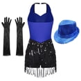 thumbnail image 2 of CHICTRY Women Sequins Tassel Latin Leotard Dress Rumba Salsa Jazz Dance Outfit with Gloves Hat Blue S, 2 of 7