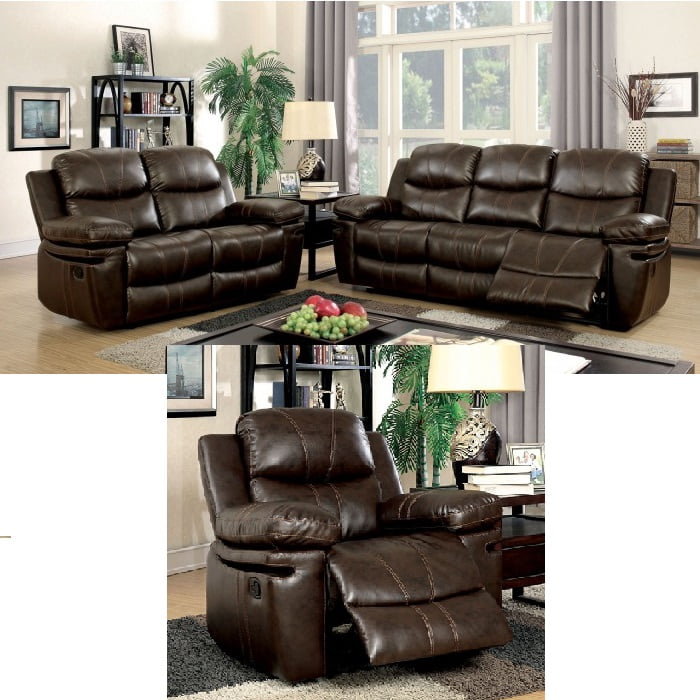 Transitional Look Brown Leather 3piece Sofa Set Recliners Living Room