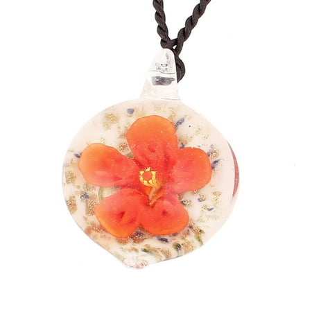 - Glass Pressed Flower Style Pendant Necklace Jewellery Orange White