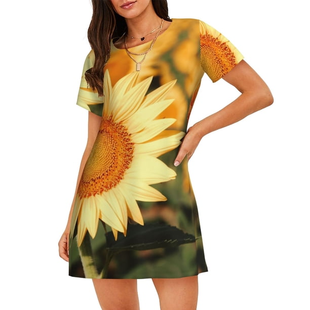 Balery Golden Sunflower In Field Camisón de manga corta con cuello redondo para mujer, cómodo y elegante.
