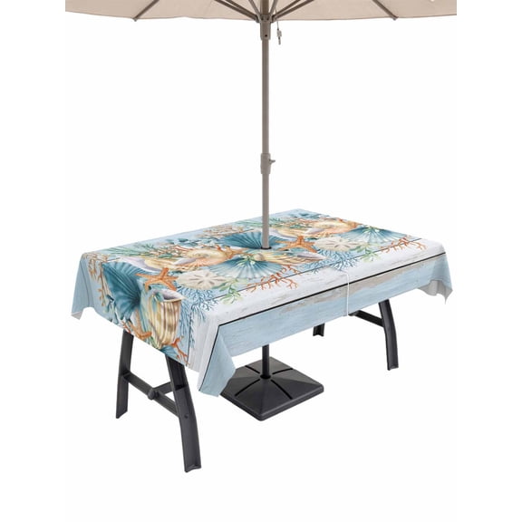 Blue Beach Coastal Outdoor Tablecloth - 54x80 Inch Rectangle Dining Table Cover, Nautical Shell Starfish Coral Summer Waterproof Outdoor Table Cloth with Umbrella Hole & Zipper for Picnic/Patio/Party