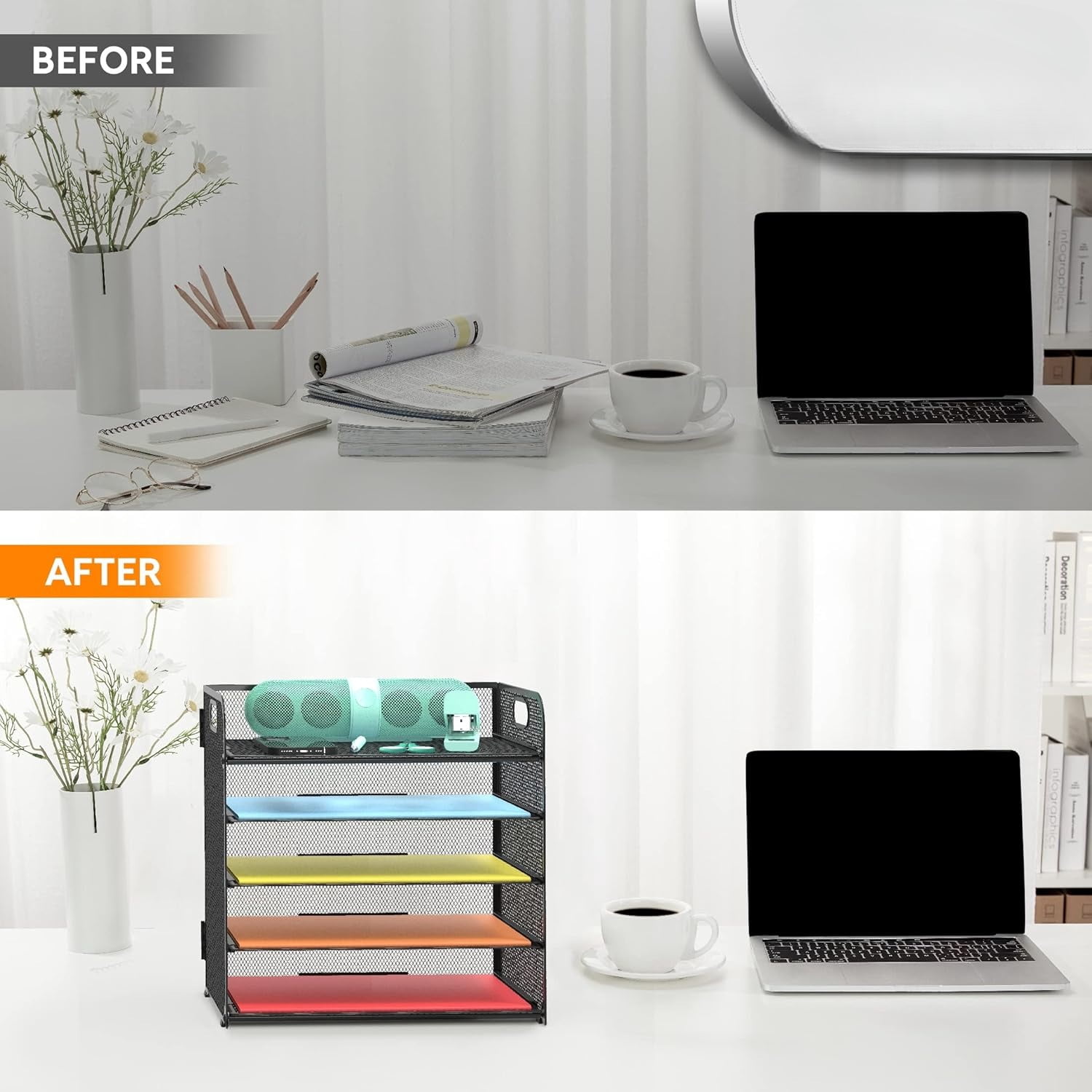 2 Pack Letter Tray Paper Organizer 5-Tier Desk Organizer File Organizer Paper Holder with Handle, Metal Desktop Document Shelf Tray Office Classroom Organization - Purple