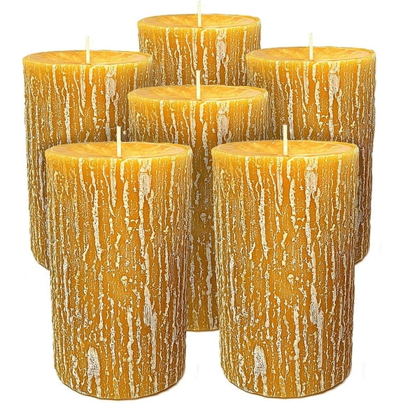 Hyoola 3 x 5 inch Mustard Yellow Unscented Rustic Timberline Pillar Candles, Paraffin Wax with Cotton Wicks, 6-Pack
