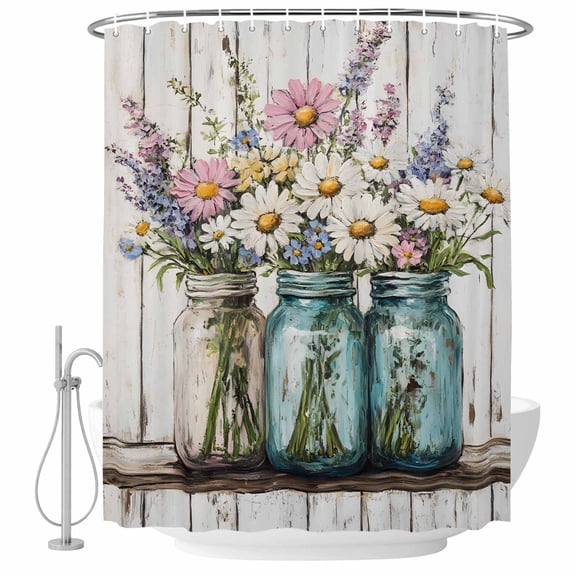 Xipuska Daisies Flowers Shower Curtain - Water Repellent Fabric Shower Curtains Washable, Spring Watercolor Floral Woodgrain Decorative Polyester Cloth Bathroom Curtains Modern Bath Decor 72"x72"